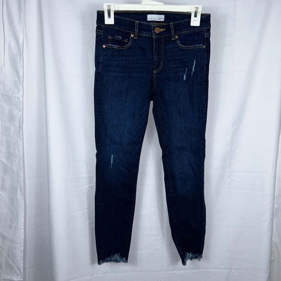 Loft Jeans Modern Skinny Dark Wash Raw Shark Bit Hem Mid Rise Petite Denim Pants - Picture 2 of 12